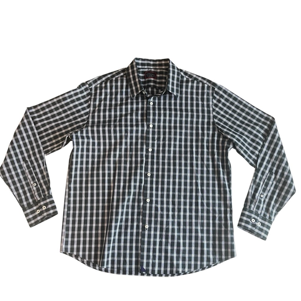 UNTUCKit Men's Size L Green Blue White Plaid 100% Cotton Dress Shirt Long Sleeve